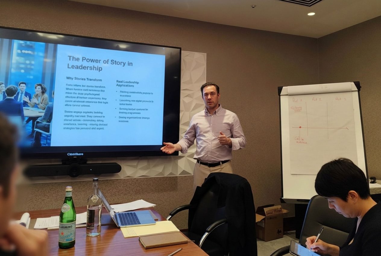 Mathieu presenting a session on the power of story in leadership, with participants taking notes